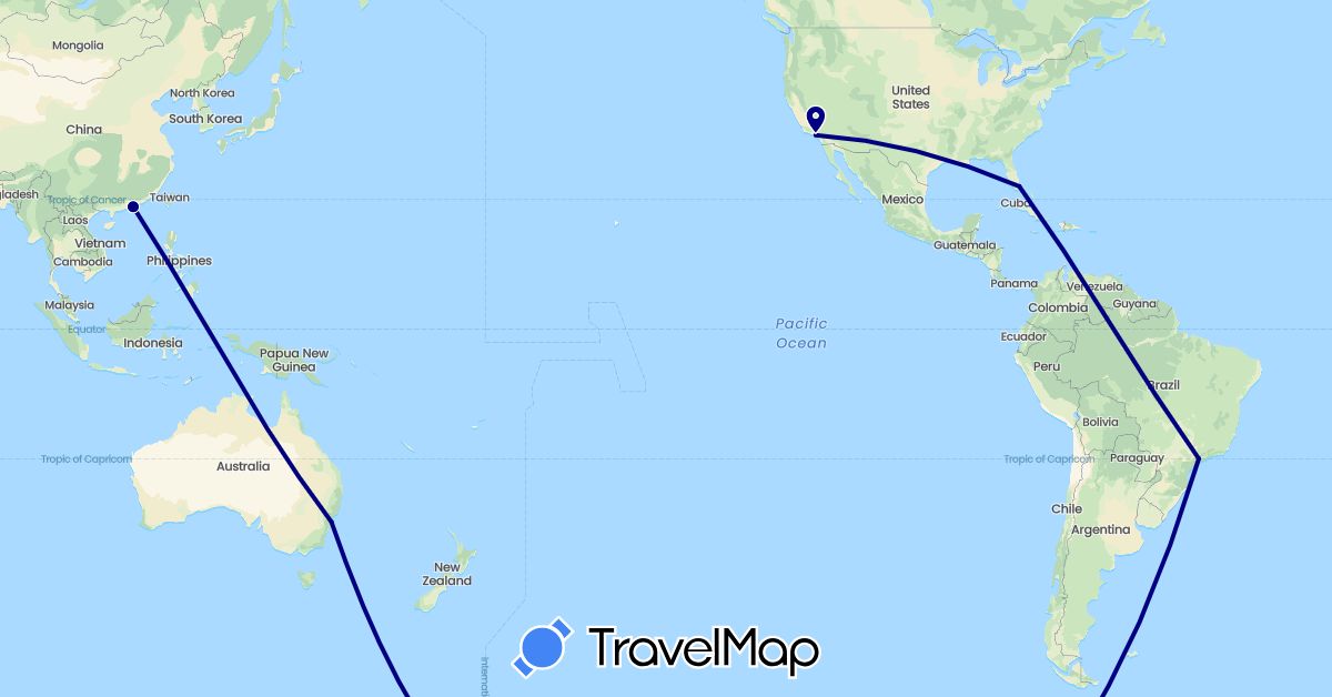 TravelMap itinerary: driving in Australia, Brazil, China, United States (Asia, North America, Oceania, South America)
